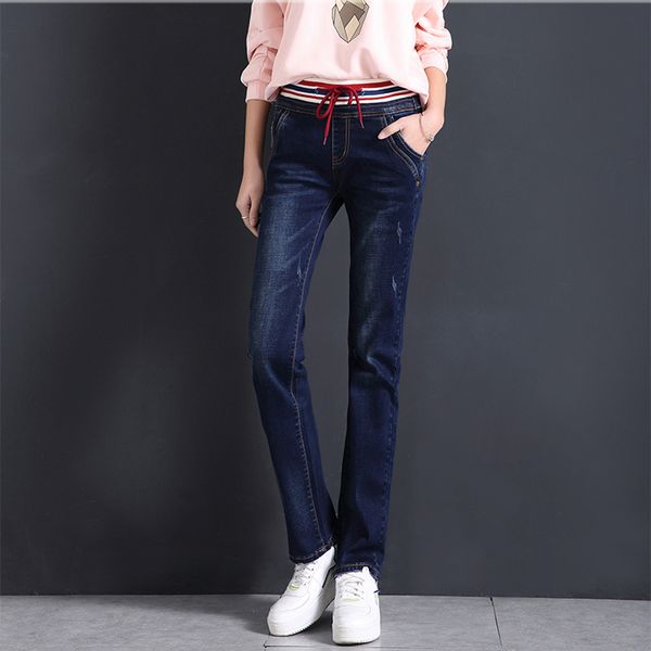dark blue for spring straight jeans loose version of elastic waist trousers of female college wind stretch pants
